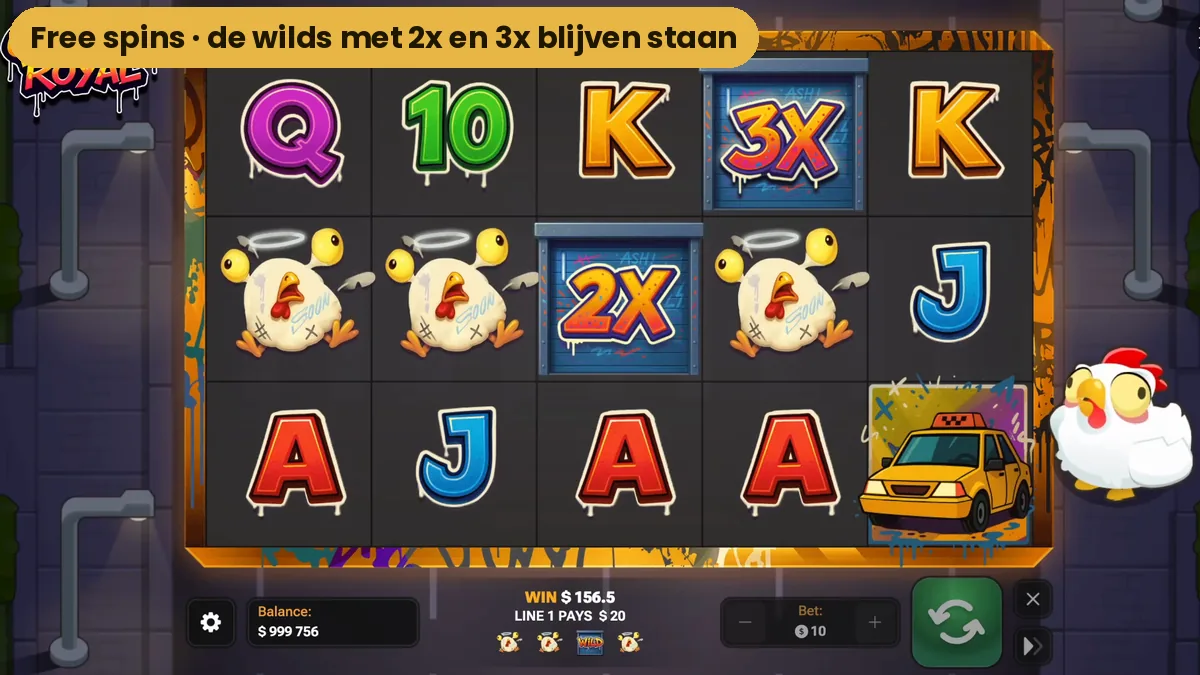 Een 3x-wild en een 2x-wild blijven staan tijdens de free spins van Chicken Royal