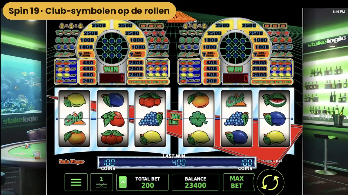 Club-symbolen op de rollen van beide spellen van Club 2000 tijdens spin 19