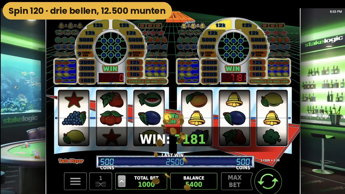 Drie bellen op het rechterspel van Club 2000 tijdens spin 120 met een winst van 12500 munten