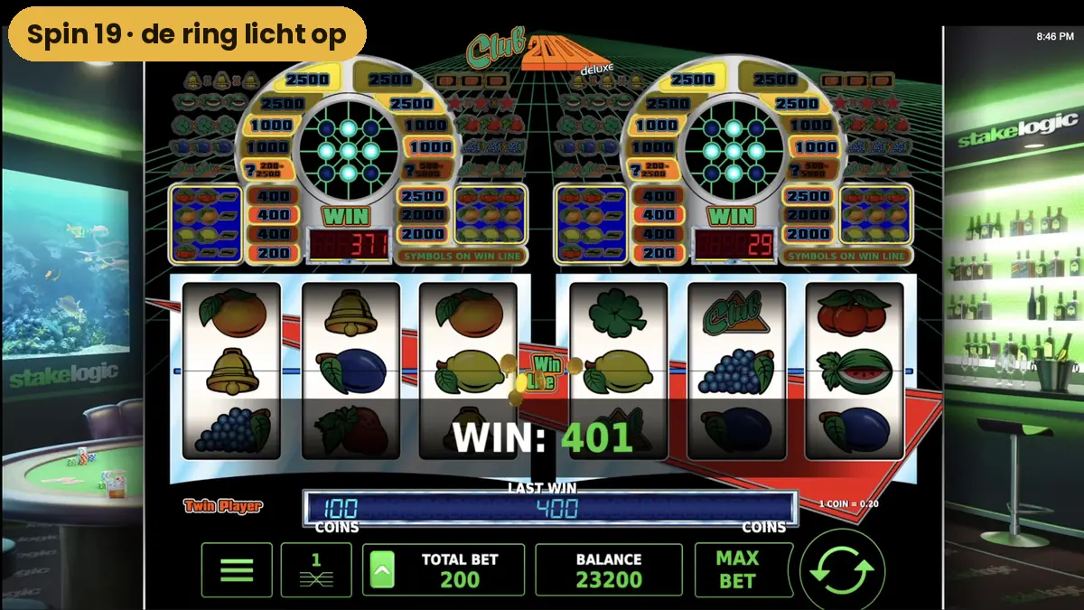 De ringen met lampjes van Club 2000 lichten op tijdens spin 19