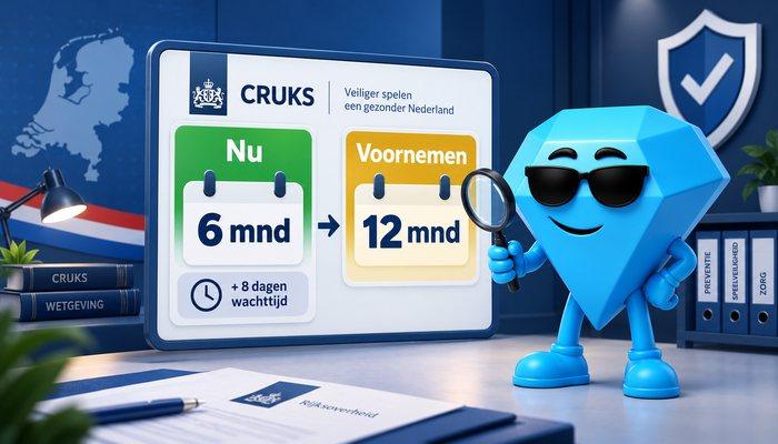 Bord met de huidige inschrijfduur van zes maanden naast het voornemen van twaalf maanden, met een klok voor de acht dagen bedenktijd