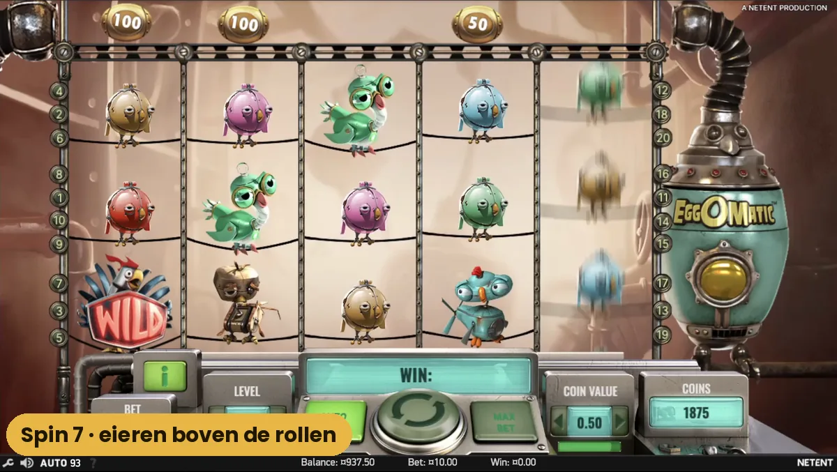 Eieren van 100 en 50 munten op de band boven de rollen van Eggomatic tijdens spin 7