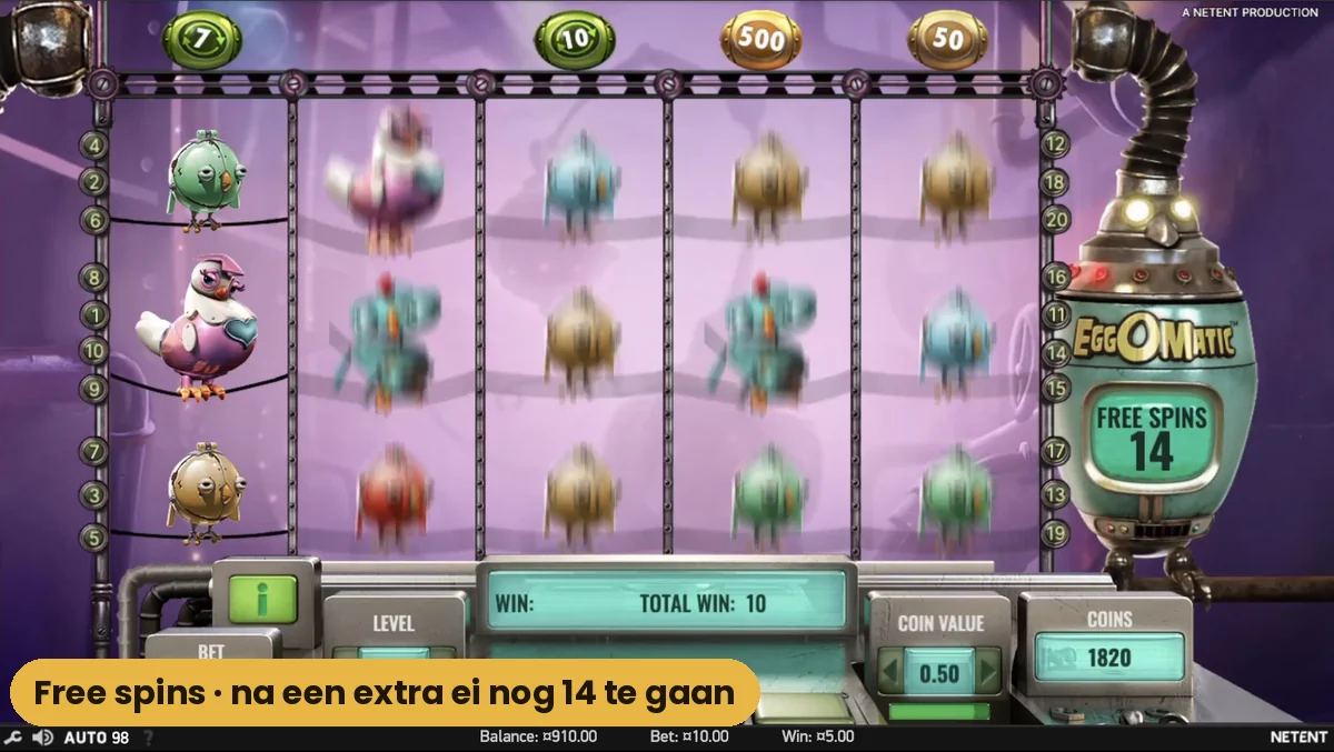 De teller op de machine van Eggomatic staat op 14 free spins na een extra ei