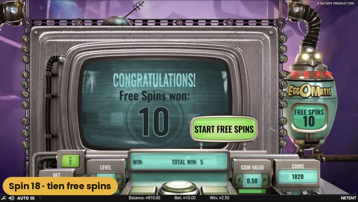 Het scherm Free Spins won 10 in Eggomatic tijdens spin 18