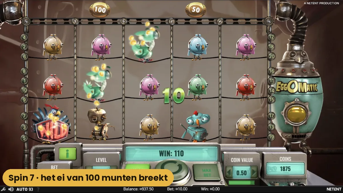 Het ei van 100 munten breekt open boven de wild in Eggomatic tijdens spin 7