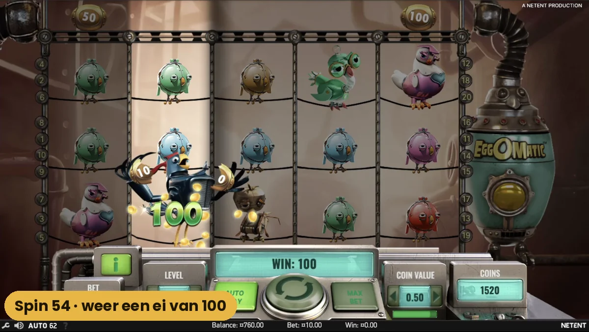 Een ei van 100 munten breekt open tijdens spin 54 van Eggomatic