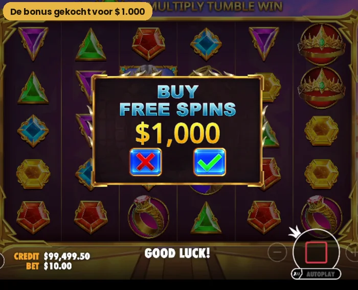 Het bevestigingsscherm van Gates of Olympus voor het kopen van de gratis spins voor 1000 dollar