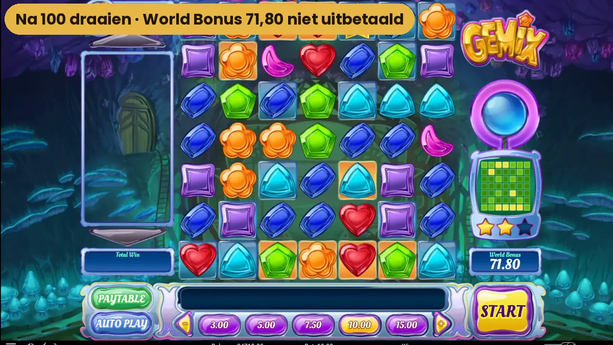 Gemix na 100 draaien, met een World Bonus van 71,80 die niet is uitbetaald