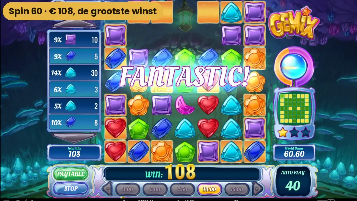 De grootste winst van onze sessie op Gemix: 108 euro op spin 60