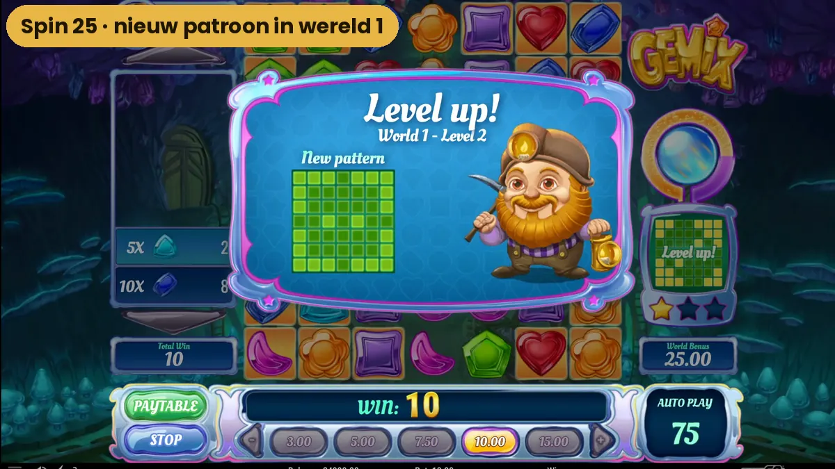 Het scherm Level up in Gemix na het eerste gewiste patroon in wereld 1