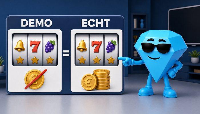 Twee identieke gokkasten naast elkaar, links met een doorgestreepte euro onder de rollen en rechts met een stapel munten