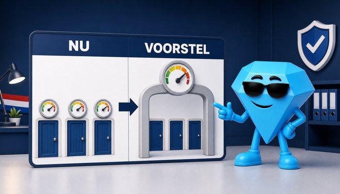 Links drie losse deuren met elk een eigen meter, rechts één grote poort met één meter erboven