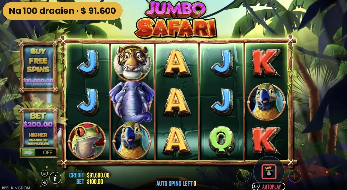 Het saldo van Jumbo Safari na 100 draaien: 91.600 dollar
