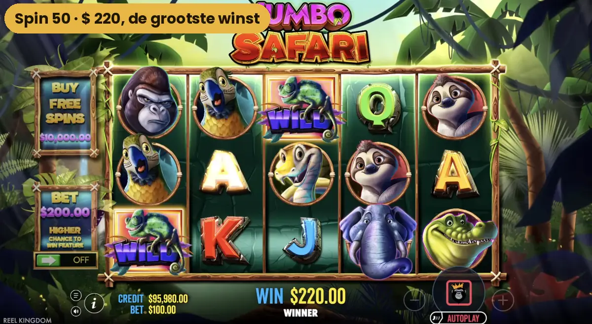 De grootste winst van onze sessie op Jumbo Safari: 220 dollar op spin 50
