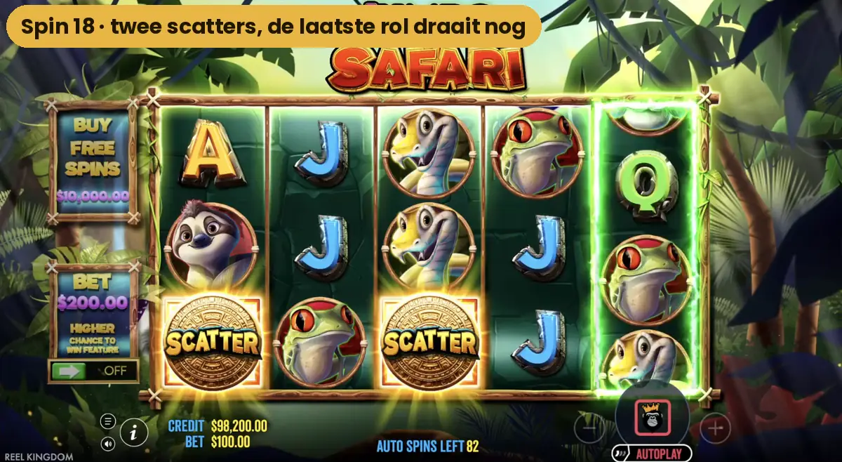 Twee scatters op de rollen van Jumbo Safari terwijl de laatste rol nog draait tijdens spin 18