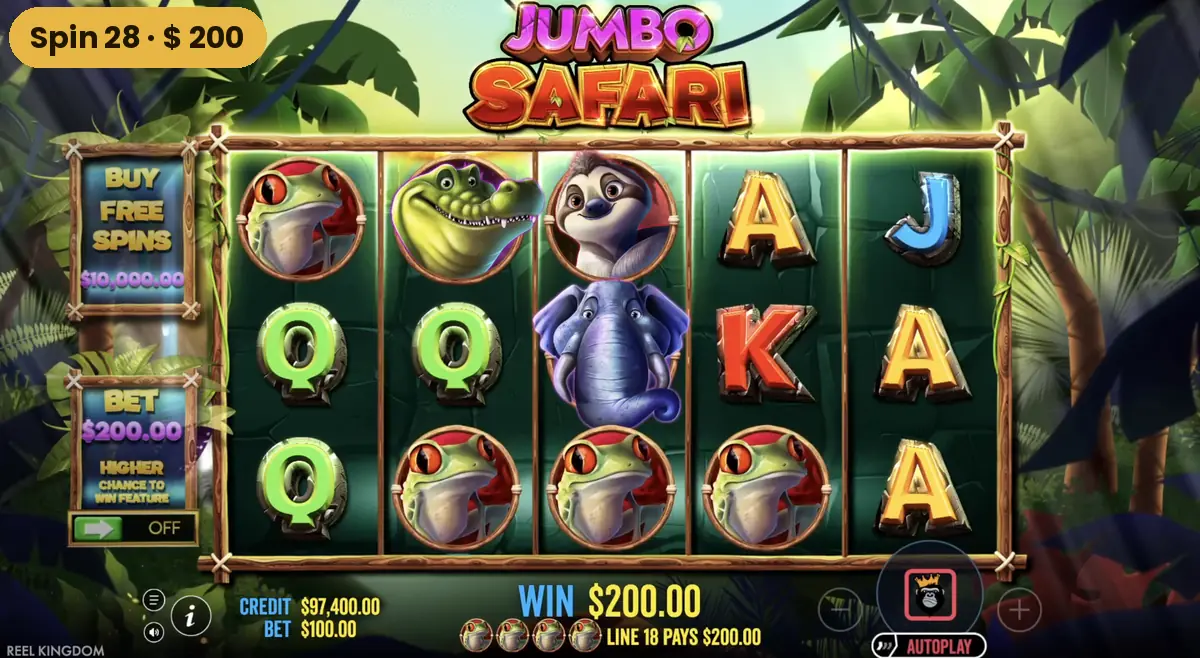 Vier kikkers op lijn 18 van Jumbo Safari tijdens spin 28, goed voor 200 dollar