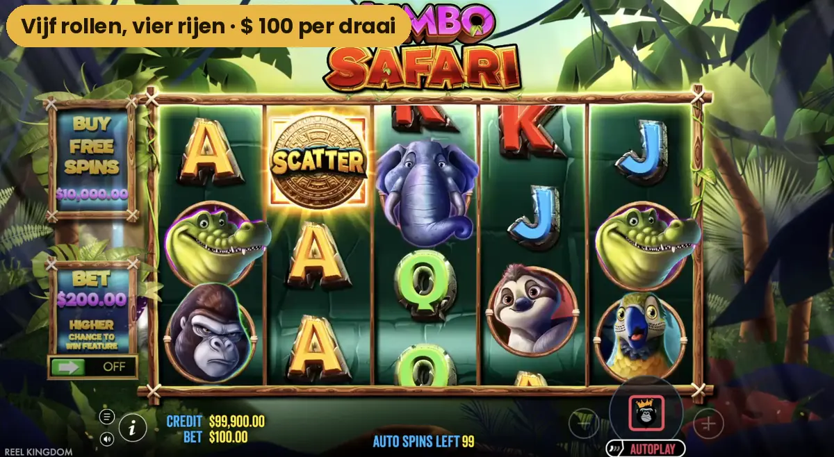 Het speelveld van Jumbo Safari met vijf rollen en vier rijen bij de start van de sessie