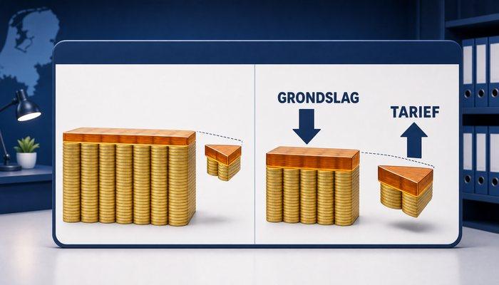 Twee stapels gouden munten naast elkaar: rechts een duidelijk kleinere stapel met een dikkere oranje schijf eraf gesneden, met pijlen omlaag bij grondslag en omhoog bij tarief