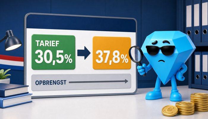 Bord met het oude tarief van 30,5 procent naast het nieuwe tarief van 37,8 procent, en daaronder een vrijwel vlakke pijl voor de opbrengst