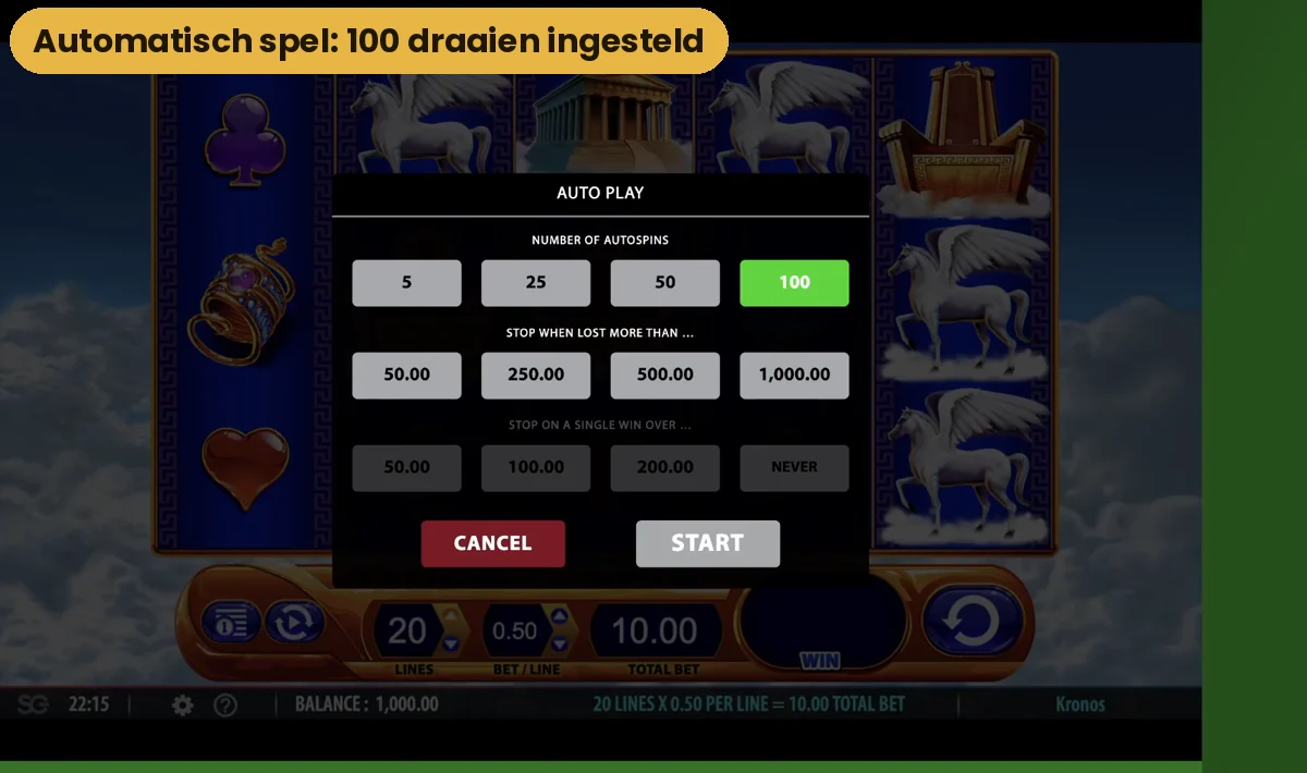 Het menu voor automatisch spel van Kronos met 100 draaien en stopgrenzen