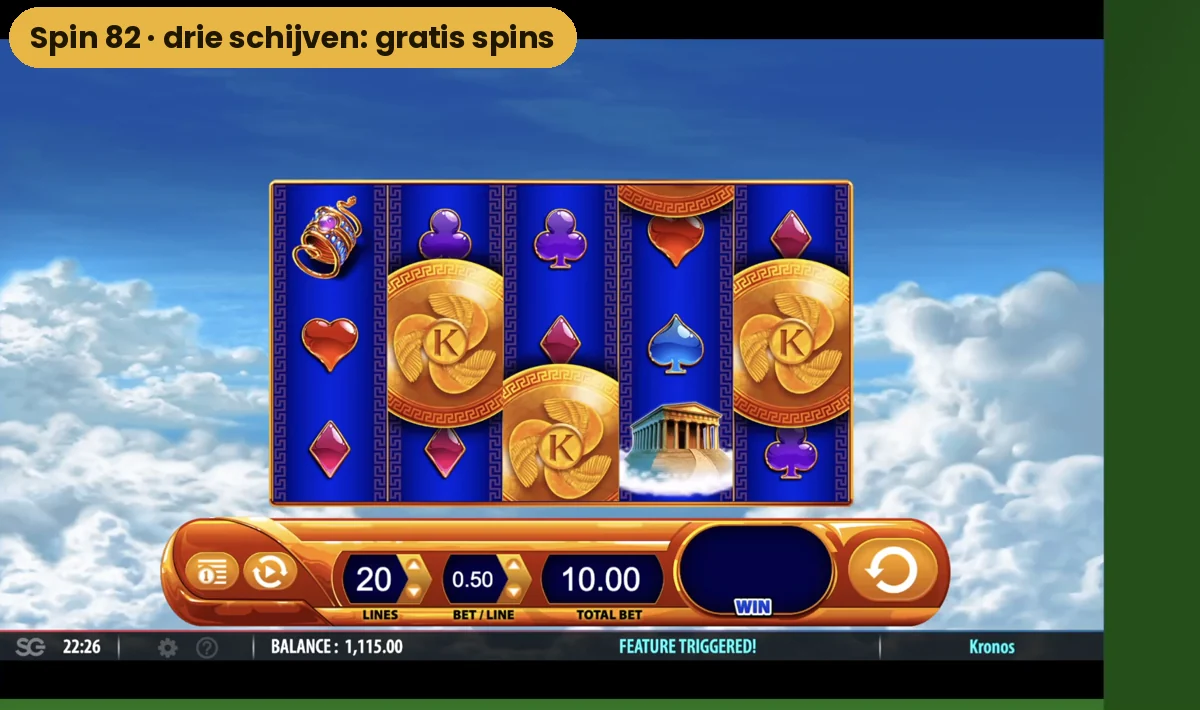 Drie gouden schijven met de letter K op het speelveld van Kronos tijdens spin 82