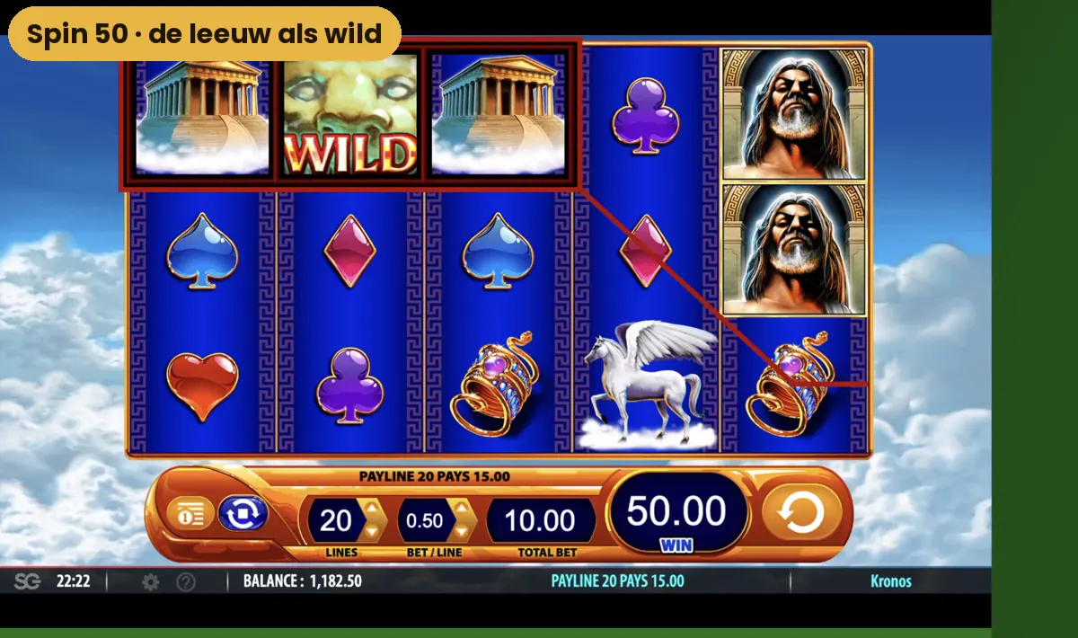 De leeuwenkop als wild op het speelveld van Kronos tijdens spin 50