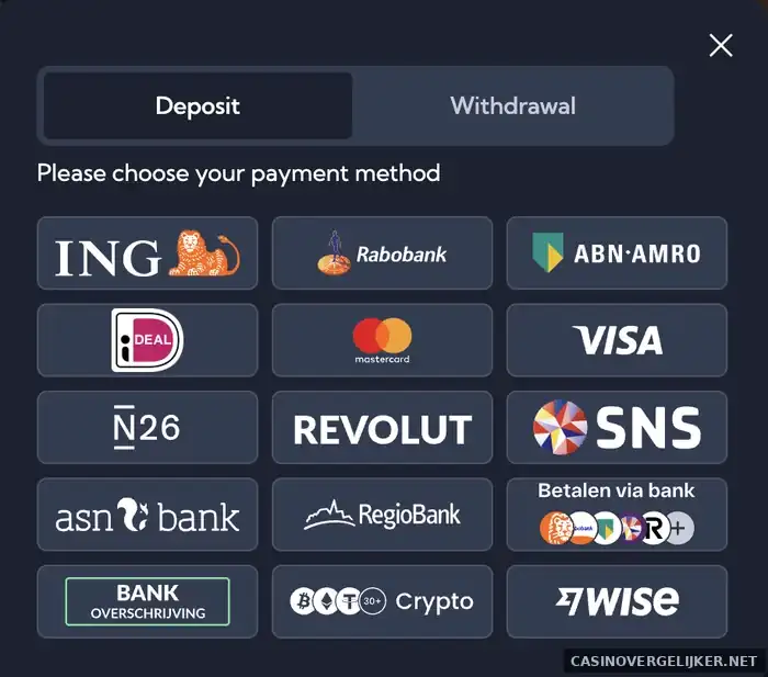 De kassa van LuckyBoom met iDEAL, ING, Rabobank, ABN AMRO, SNS, ASN Bank en RegioBank