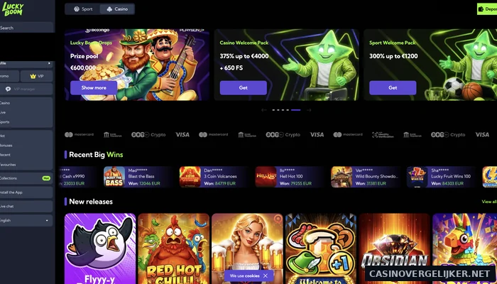 De homepage van LuckyBoom met het welkomstpakket van 375 procent tot 4.000 euro en 650 gratis spins
