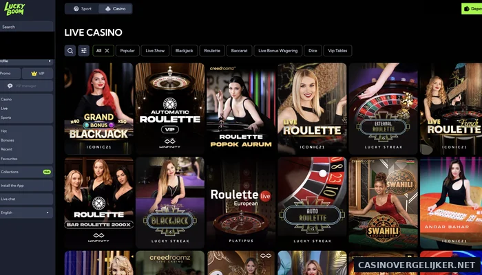 De live casino-afdeling van LuckyBoom met blackjack- en roulettetafels