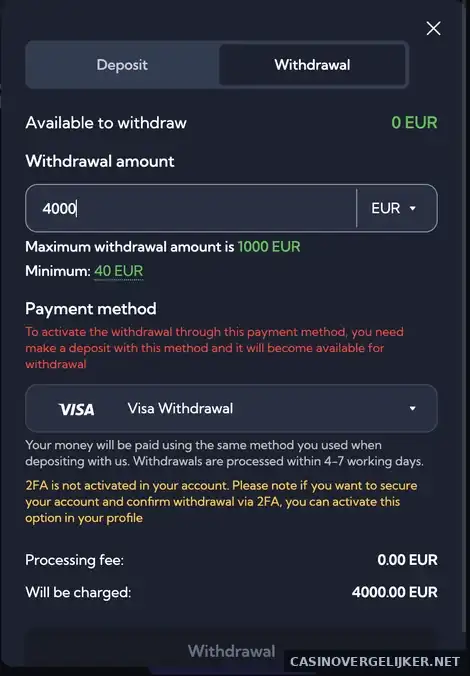 Het opnamescherm van LuckyBoom met een maximum van 1.000 euro en 4 tot 7 werkdagen