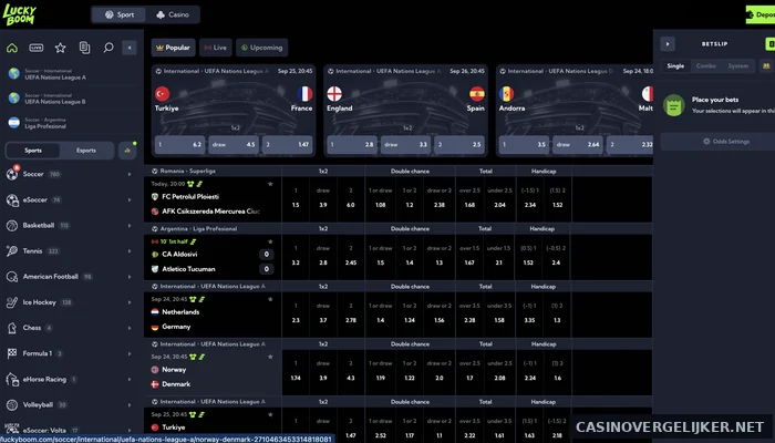 Het sportsbook van LuckyBoom met wedstrijden en quoteringen
