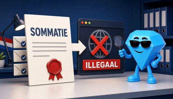Een sommatiebrief met rode lakzegel wijst naar een browservenster met een rood kruis en het woord illegaal