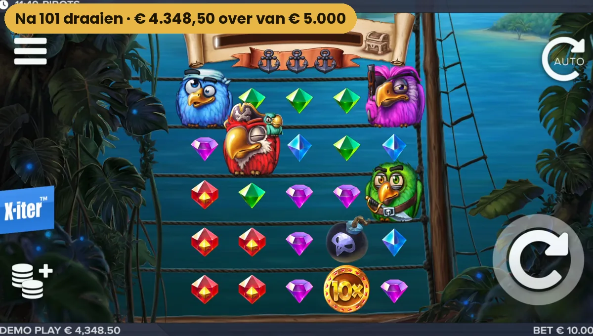 Het eindscherm van de Pirots sessie met een saldo van 4.348,50 euro na 101 draaien