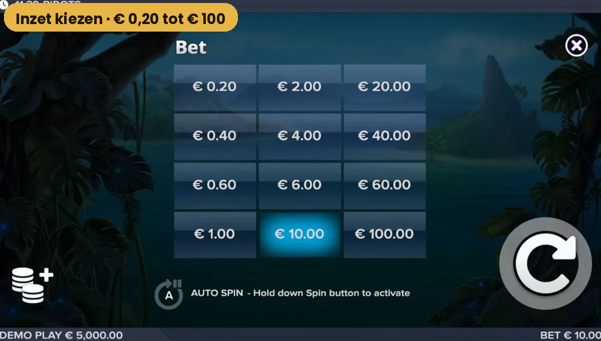 Het inzetmenu van Pirots met twaalf vaste inzetten van 0,20 tot 100 euro