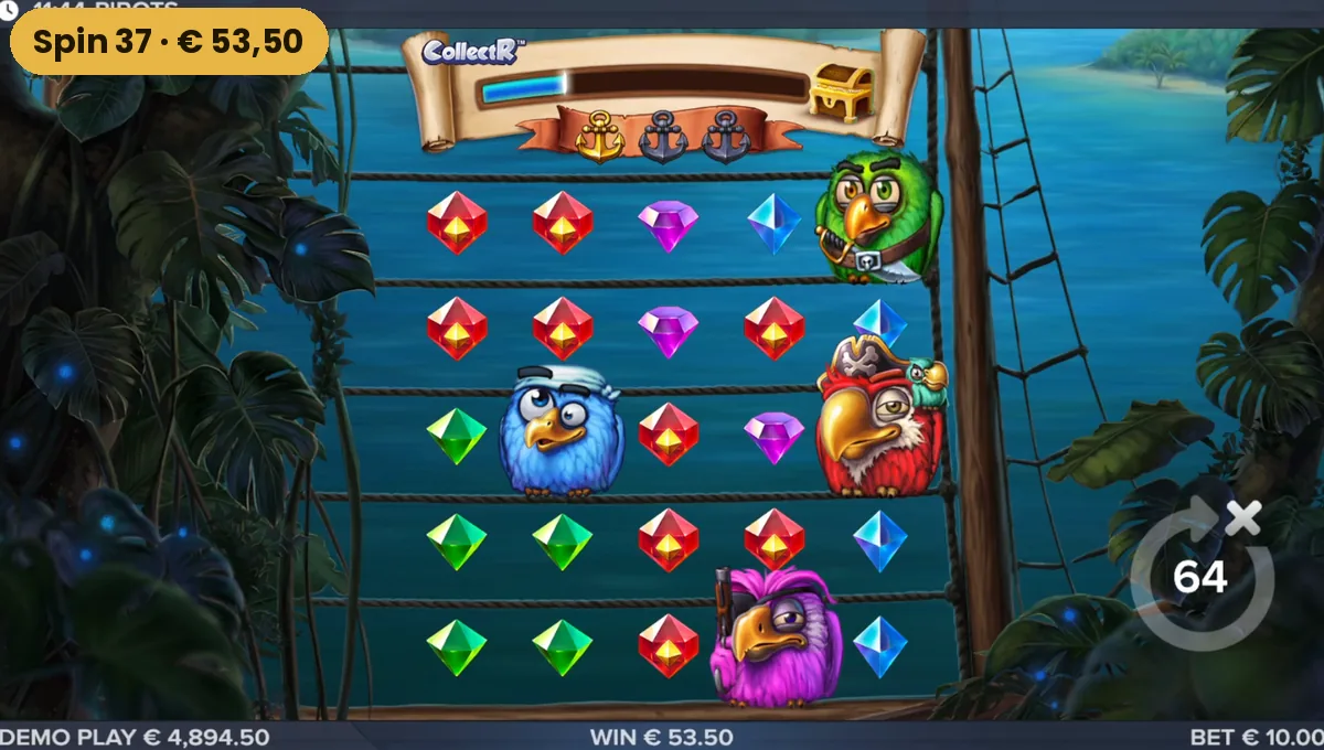 Pirots toont een winst van 53,50 euro bij een inzet van 10 euro op spin 37