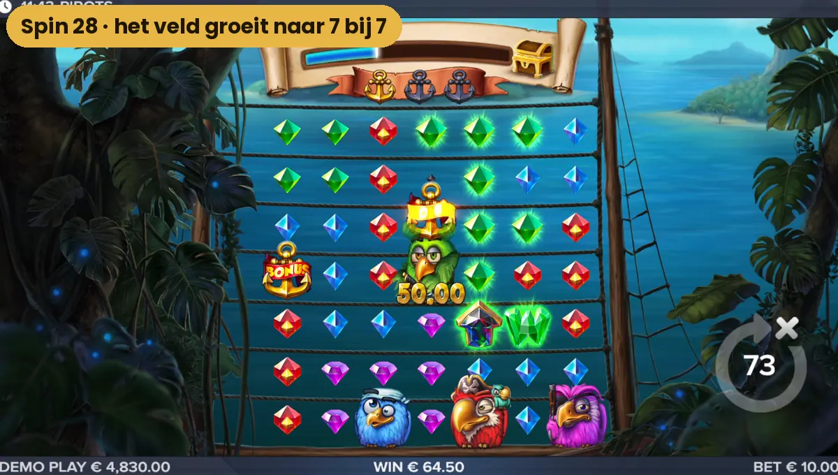 Het speelveld van Pirots uitgebreid tot zeven bij zeven vakjes tijdens spin 28