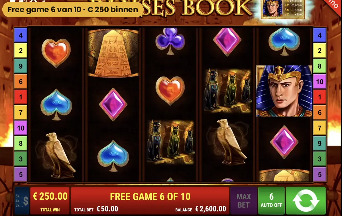 Free game 6 van 10 in Ramses Book met 250 euro totaalwinst tot dan