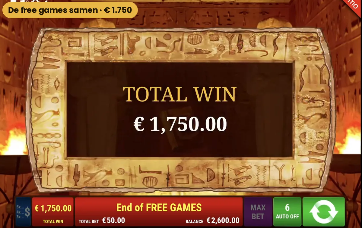 Het eindscherm van de free games in Ramses Book met een totale winst van 1750 euro
