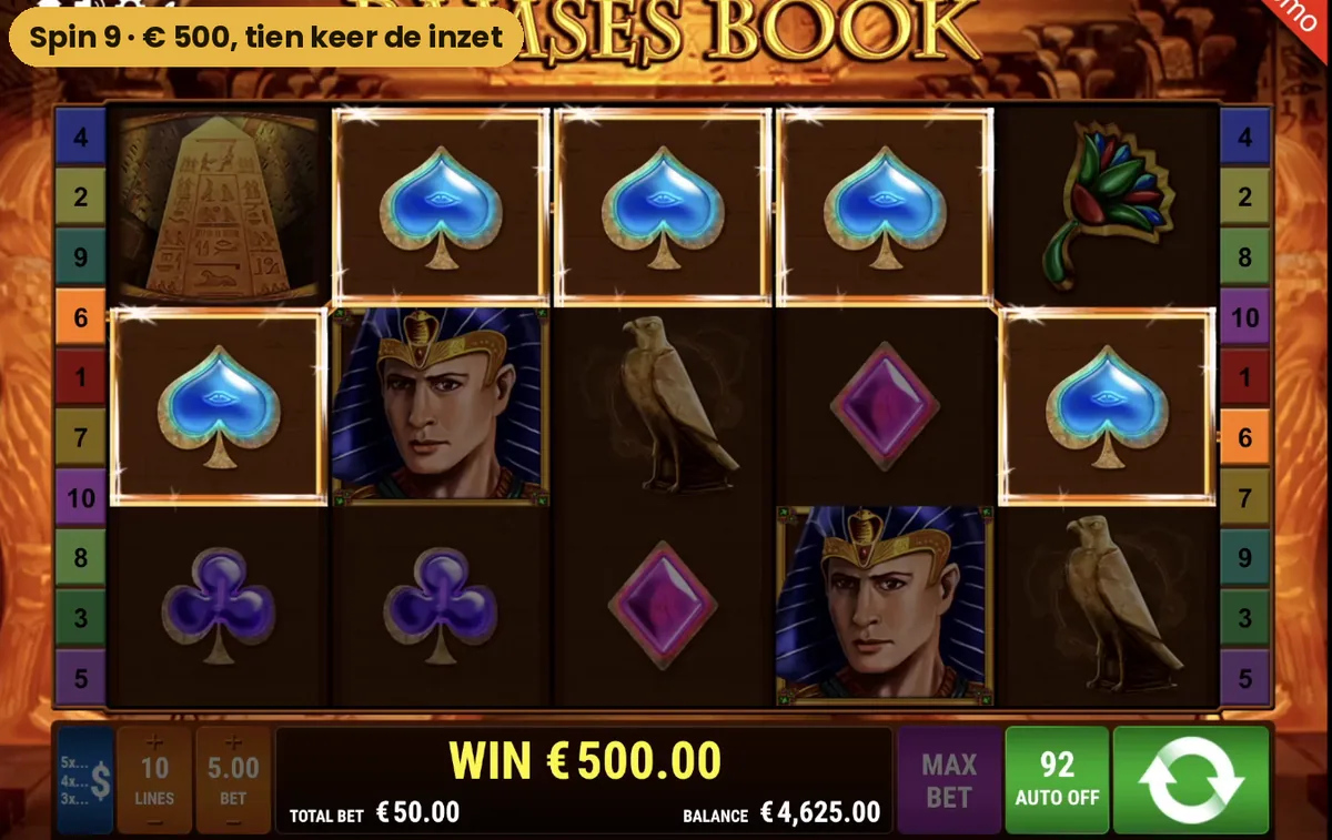 Ramses Book toont een winst van 500 euro met een lijn schoppen tijdens spin 9