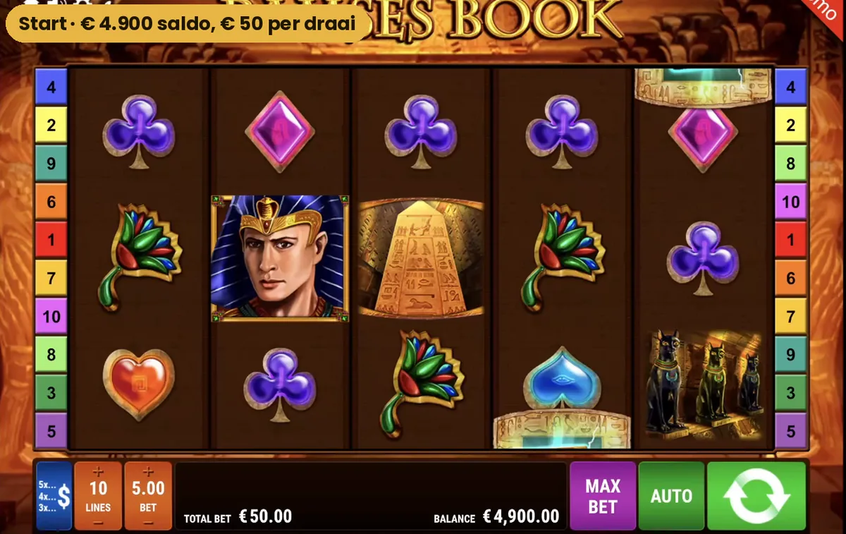 Het speelveld van Ramses Book bij de start van onze sessie met 4900 euro saldo