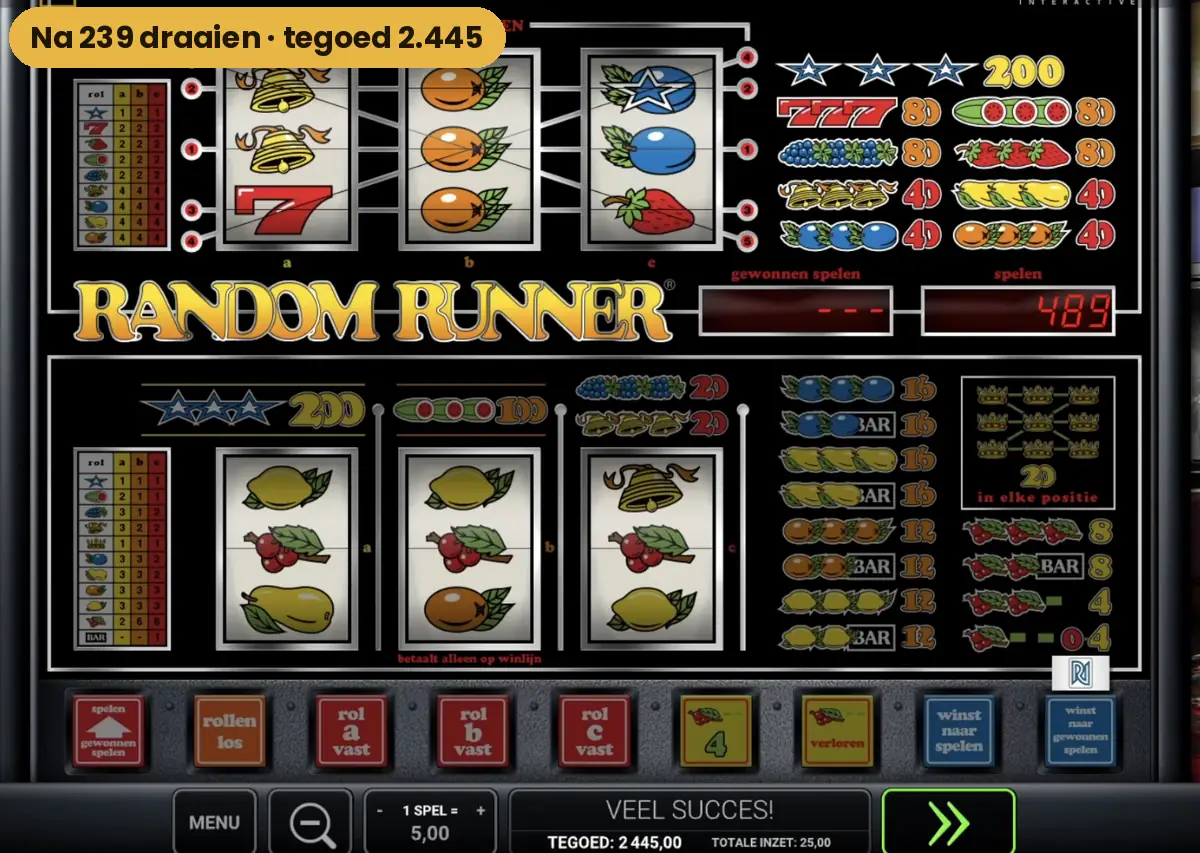 Het tegoed van Random Runner na 239 draaien: 2445
