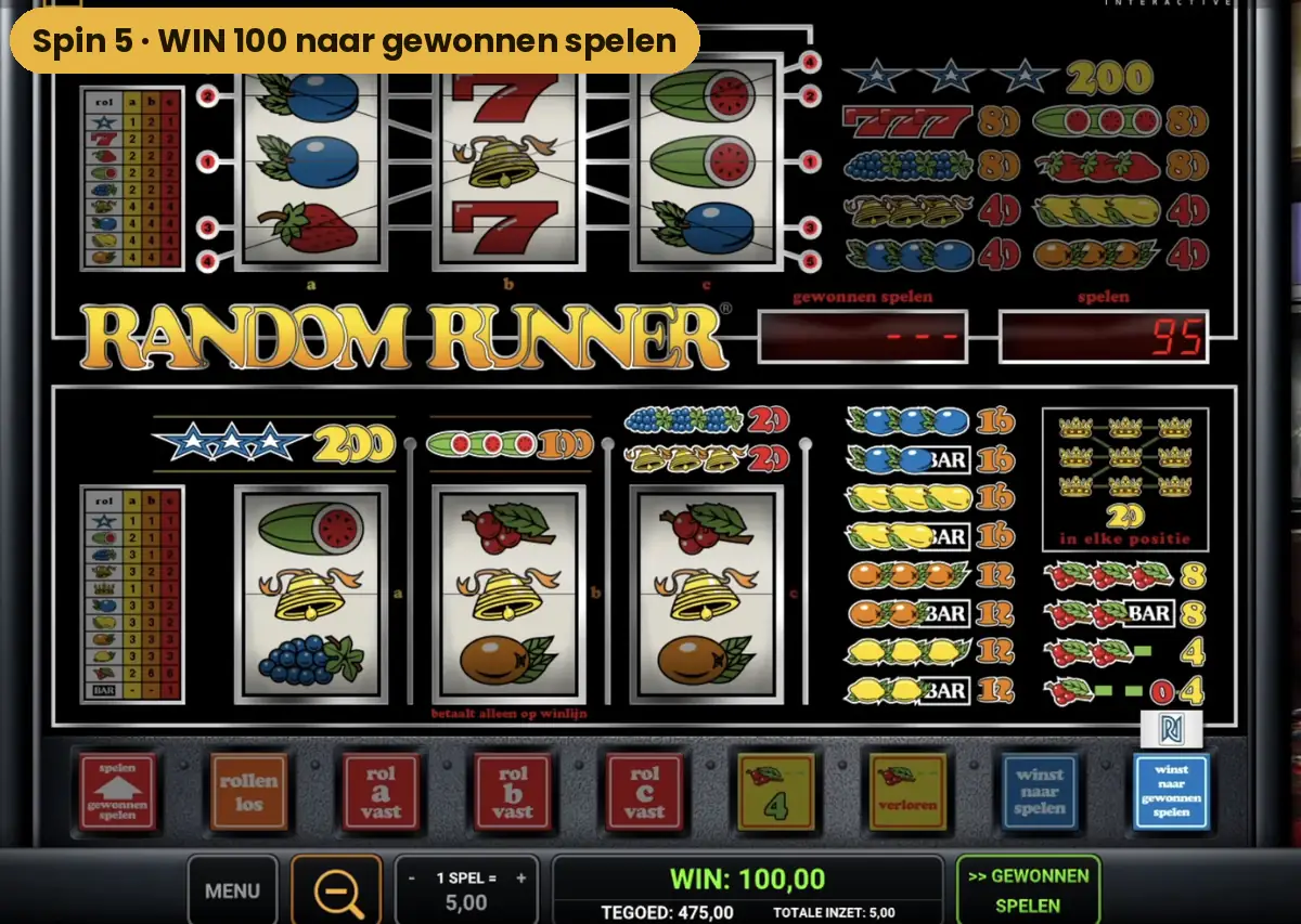 Random Runner meldt WIN 100 tijdens spin 5 en zet de winst naar gewonnen spelen