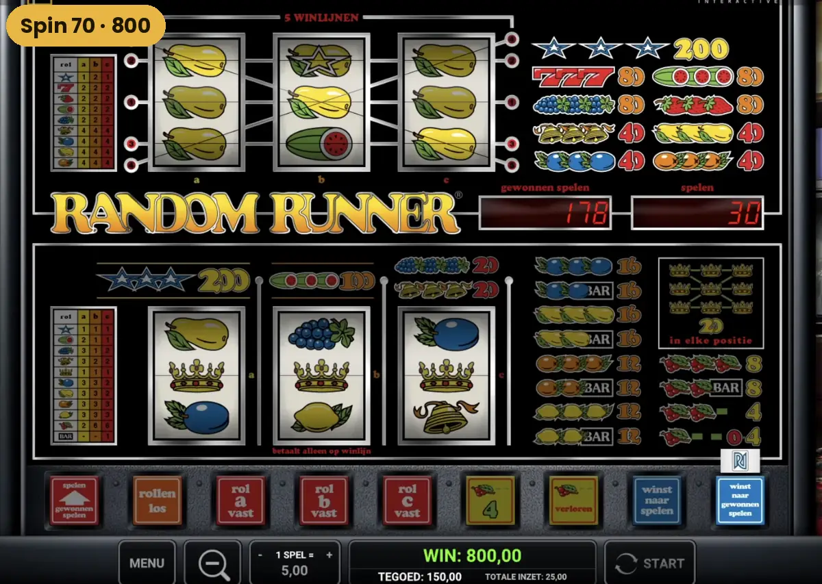 Random Runner telt de winst van spin 70 op tot 800