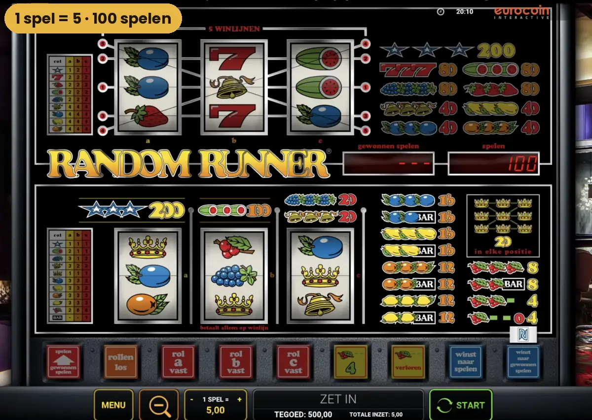 De kast van Random Runner met bovenspel en onderspel bij de start met 500 tegoed
