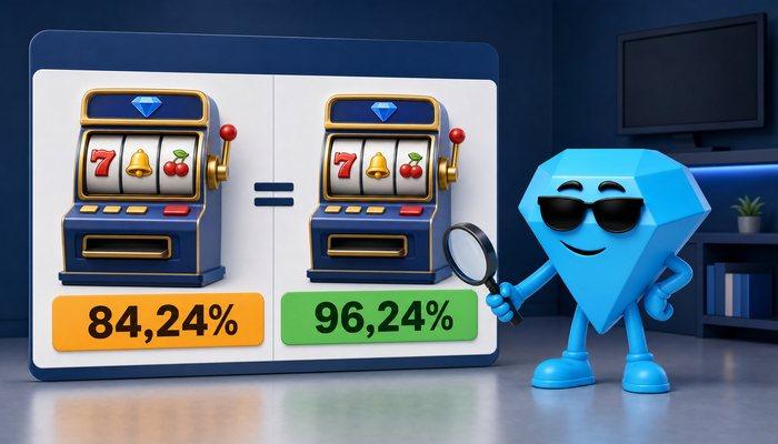 Twee identieke gokkasten naast elkaar met eronder 84,24 procent in oranje en 96,24 procent in groen