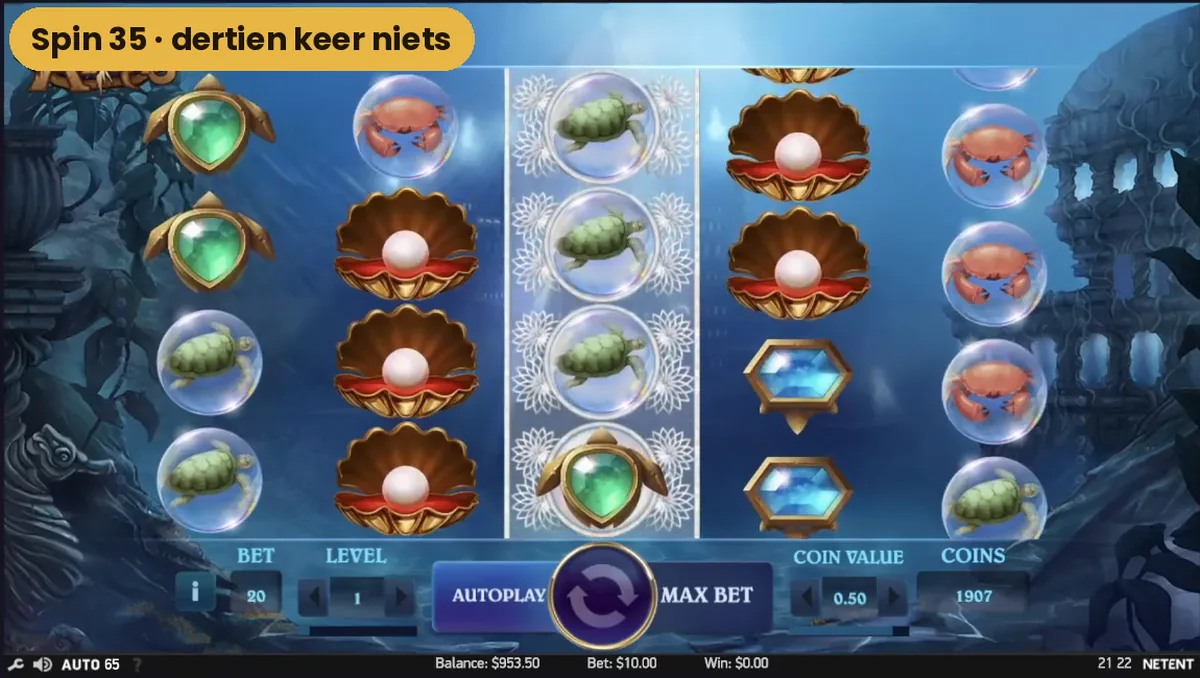 Het speelveld van Secrets of Atlantis tijdens de reeks van dertien draaien zonder winst
