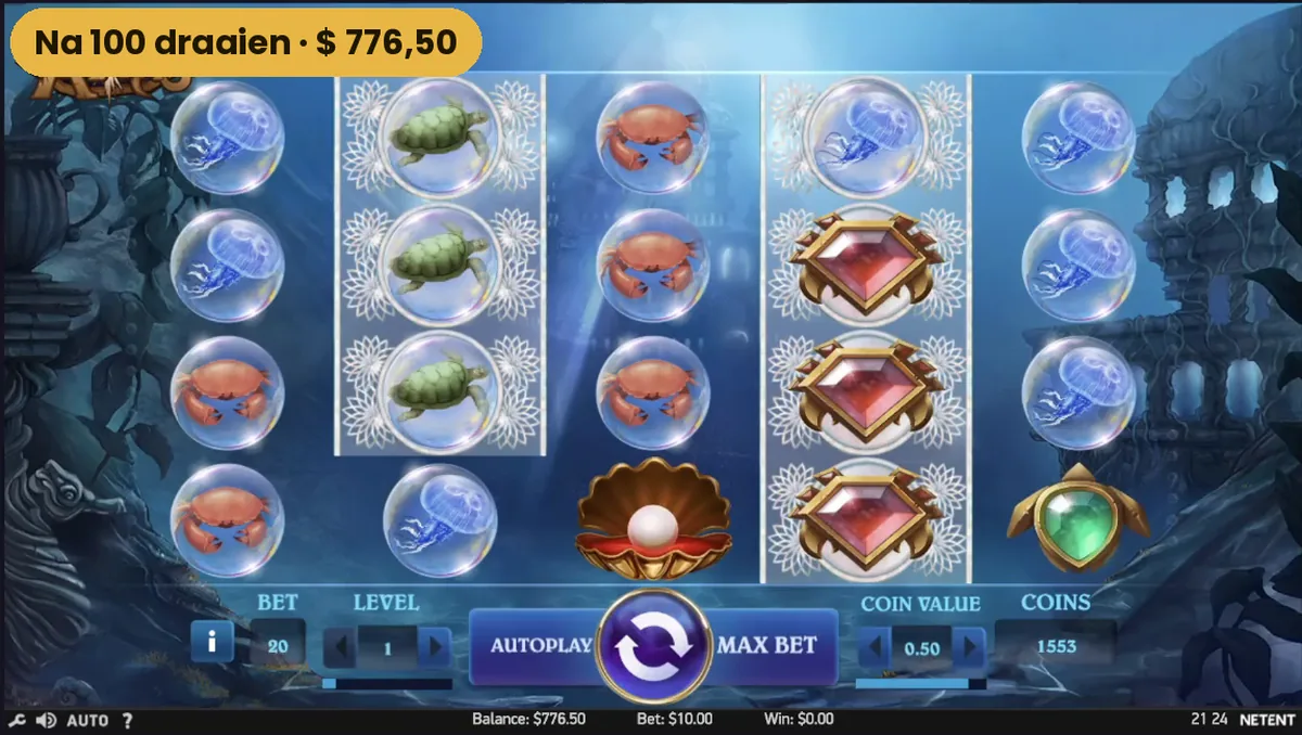 Het speelveld van Secrets of Atlantis na honderd draaien met een saldo van 776,50 dollar