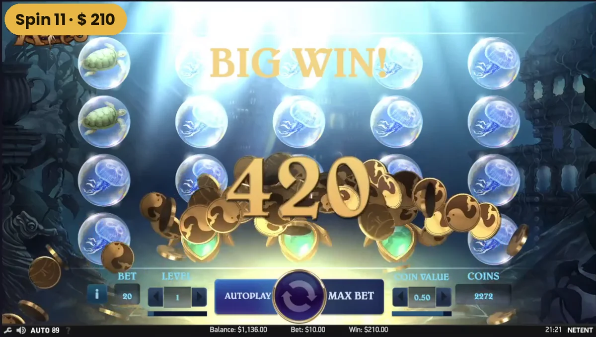 Het BIG WIN scherm van Secrets of Atlantis met 420 munten en een winst van 210 dollar