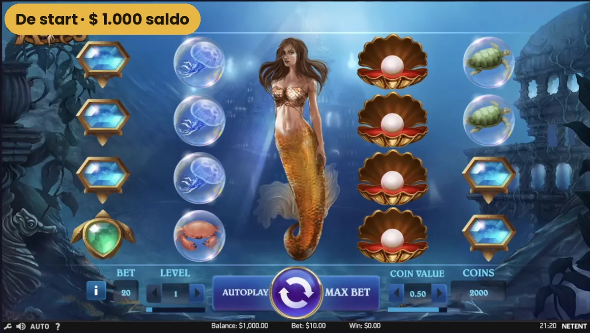 Het speelveld van Secrets of Atlantis bij de start met 1000 dollar saldo en de zeemeermin op de middelste rol