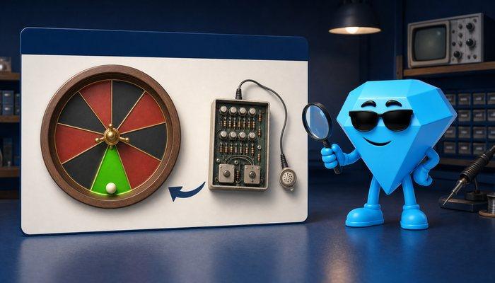 Een roulettewiel in acht vakken verdeeld met één vak groen verlicht, naast een klein apparaat met transistors en een oortje